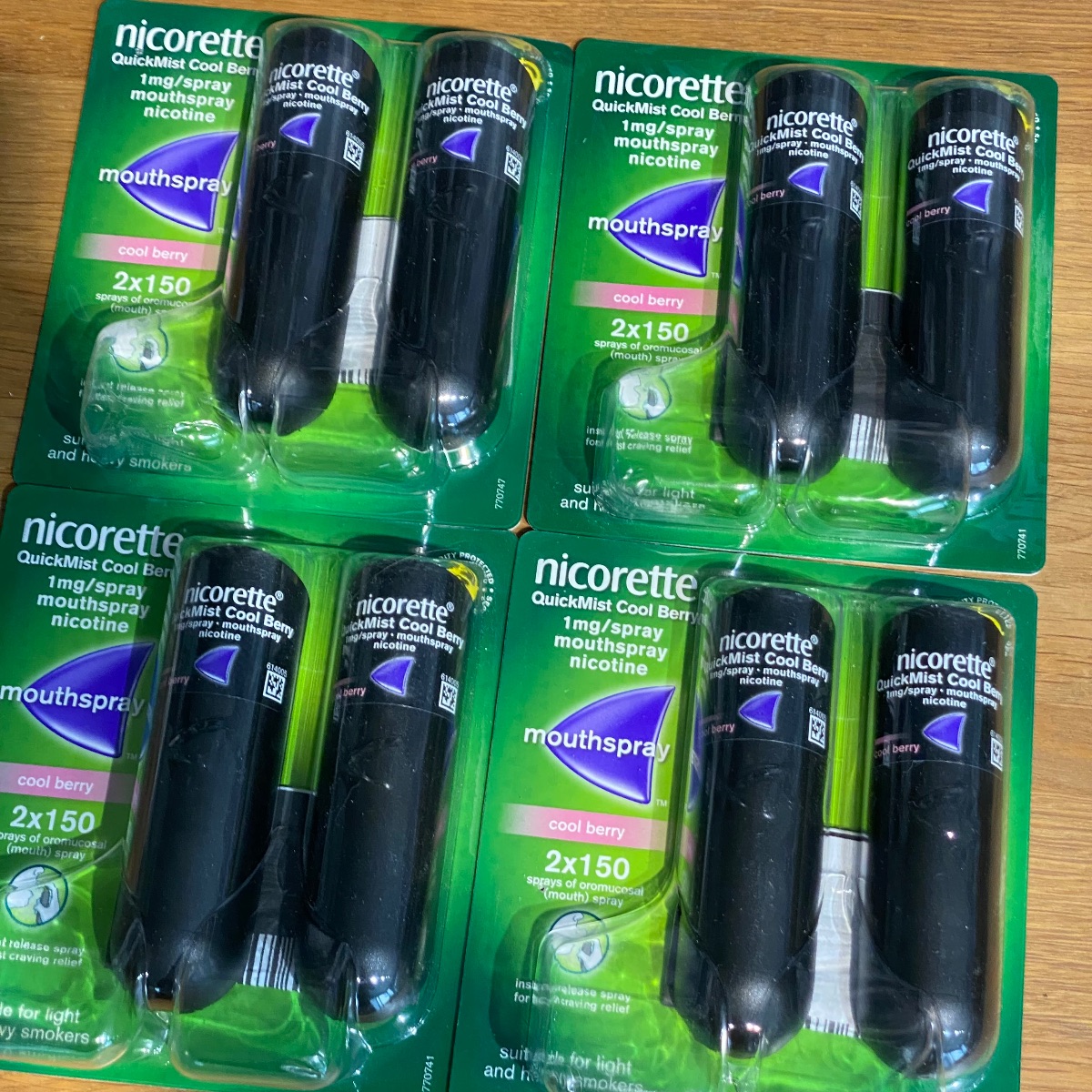 4 x Nicorette Quickmist Cool Berry Mouthspray 8 x 150 Sprays Nicotine 1mg LOT 69547 3574661343013 (Brand New)