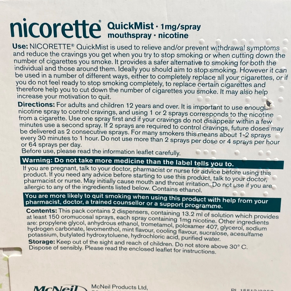 6 x Nicorette Quickmist Mouthspray Freshmint Nicotine Pack of 12 x 150 Sprays FRESHMINT  (Brand New)