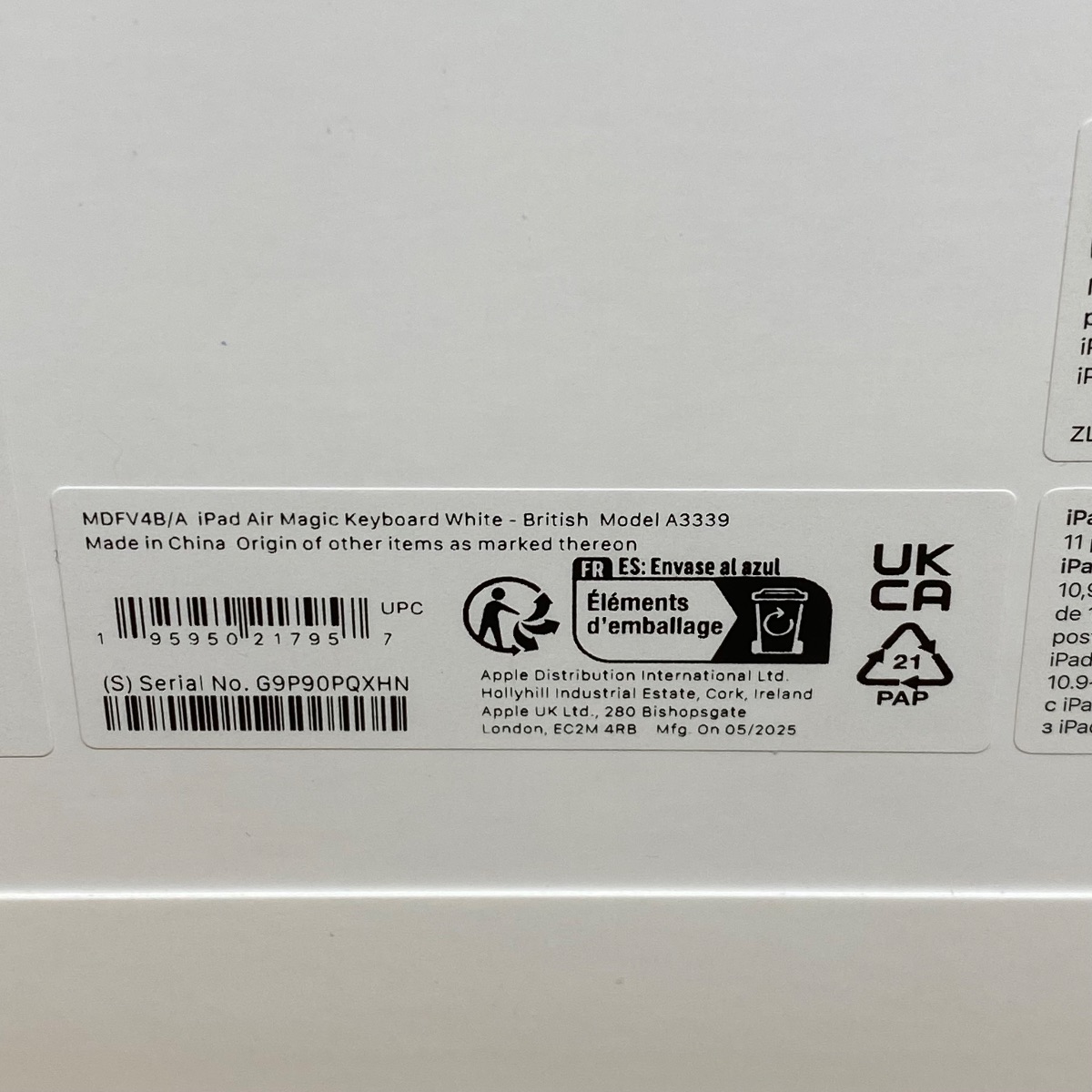 Apple Magic Keyboard iPad Air 11-inch M2 M3 British English White Original MDFV4B/A 195950217957