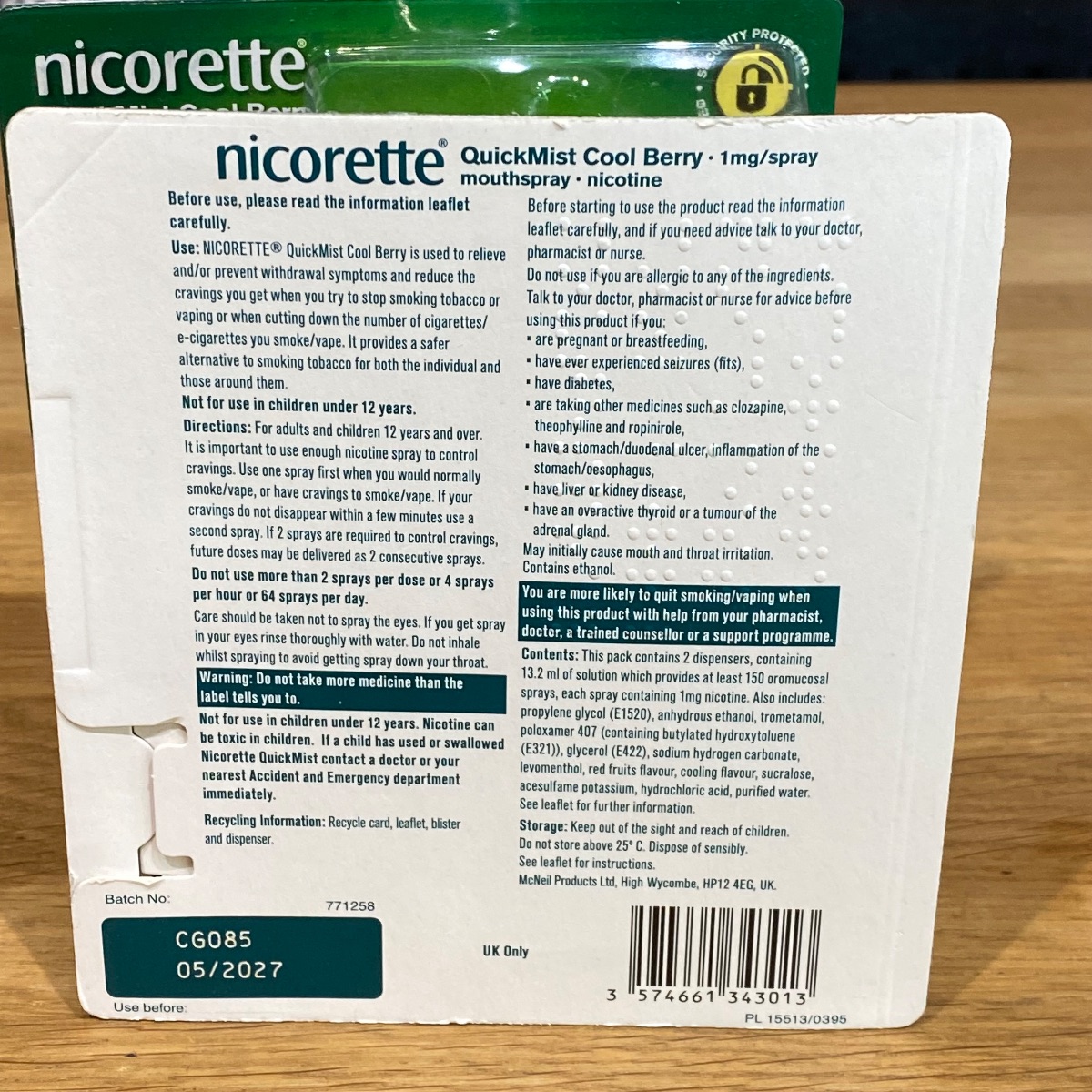 Nicorette Quickmist Cool Berry Duo Sprays Nicotine Lot 2x Mouthspray Packs
