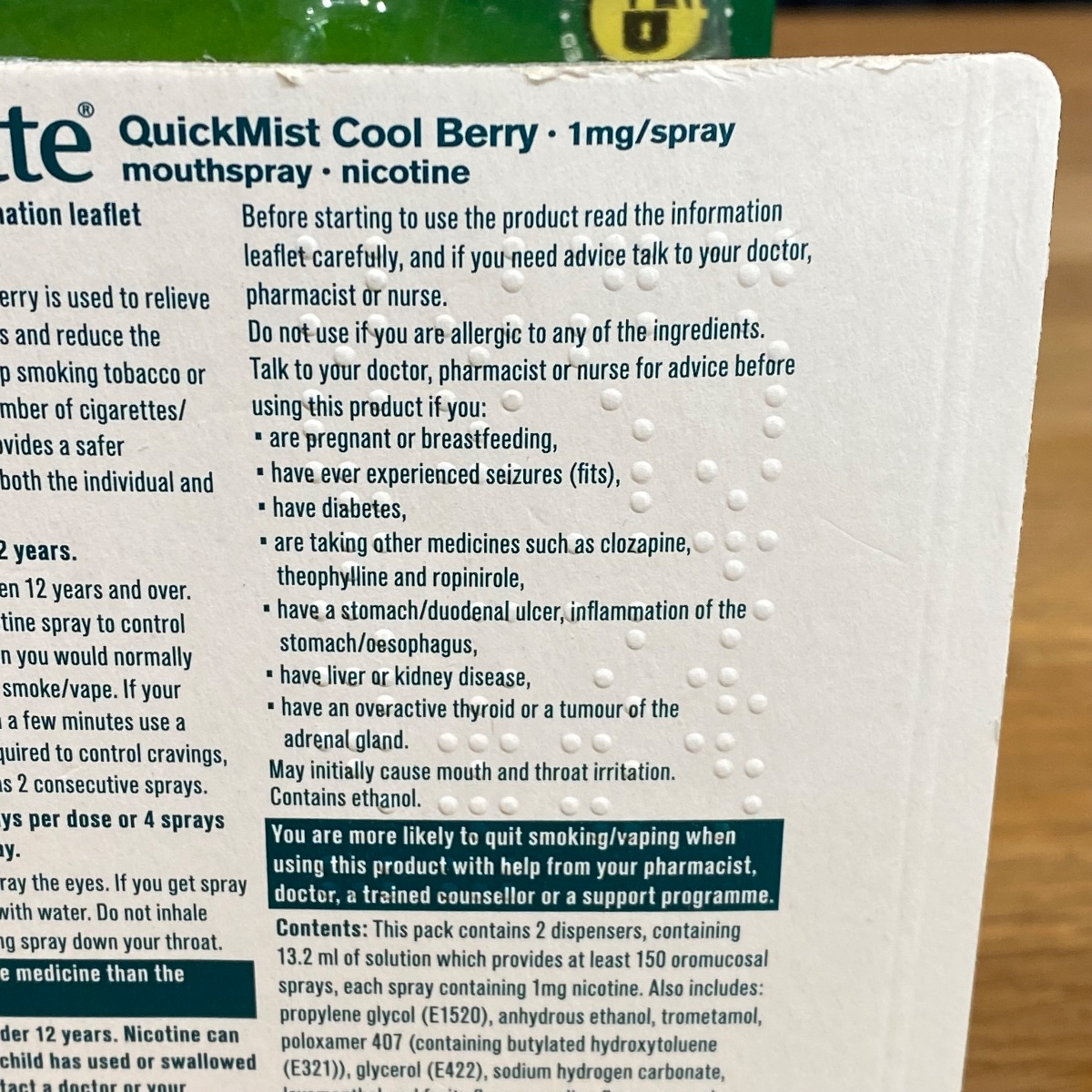 Nicorette Quickmist Cool Berry Duo Sprays Nicotine Lot 2x Mouthspray Packs